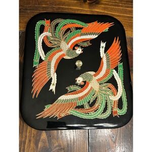 Vintage Japanese black lacquer tray gilt phoenix bird mid-century 12x10.5"